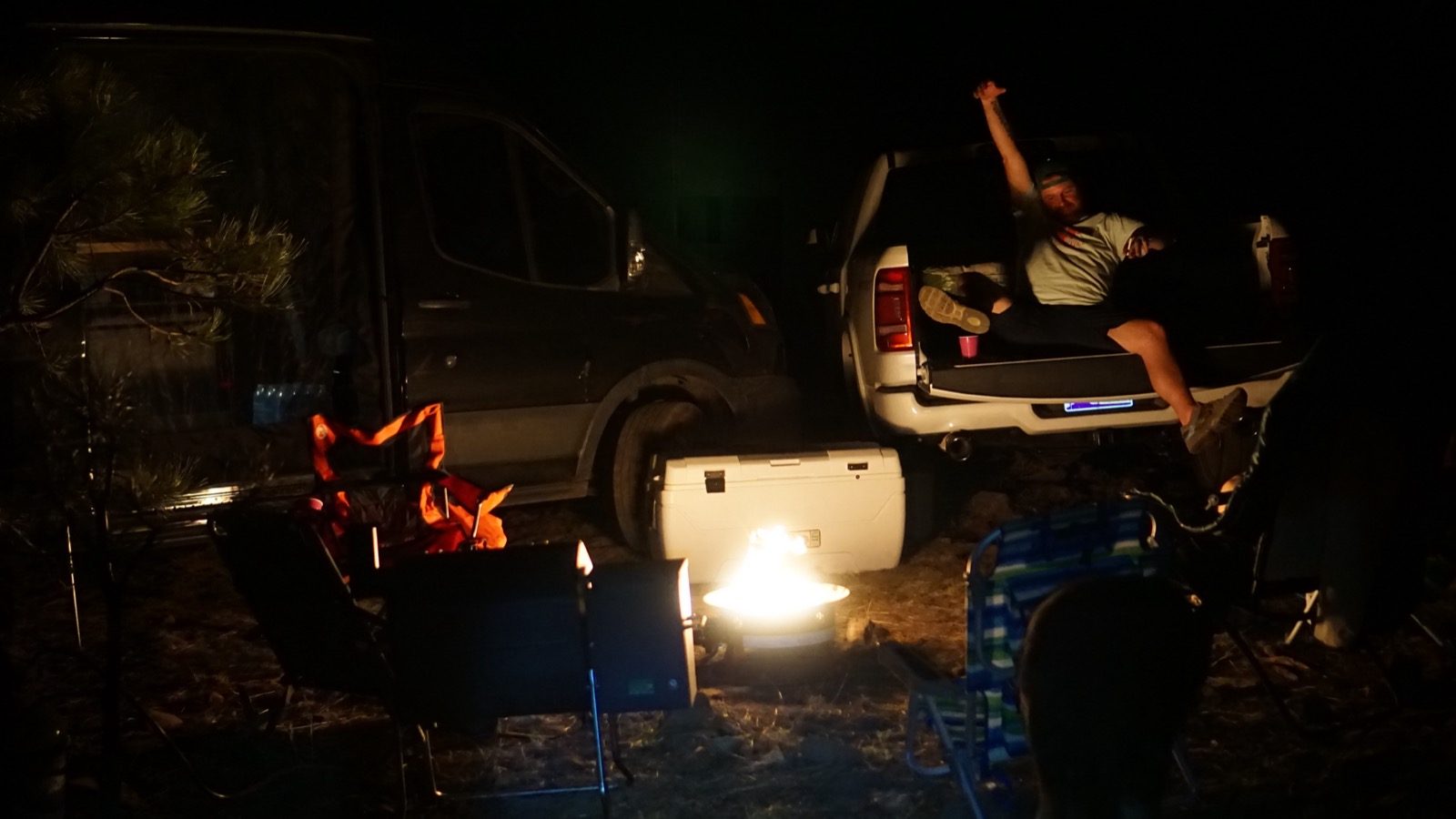 A real Woods Canyon campsite beside the van after dark