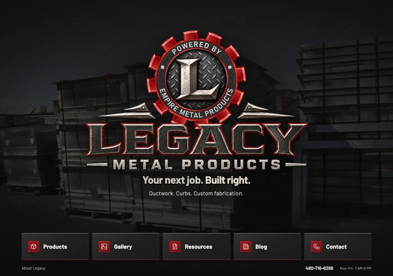 Legacy homepage with its red gear, metal wordmark, shop photography, and five-section navigation