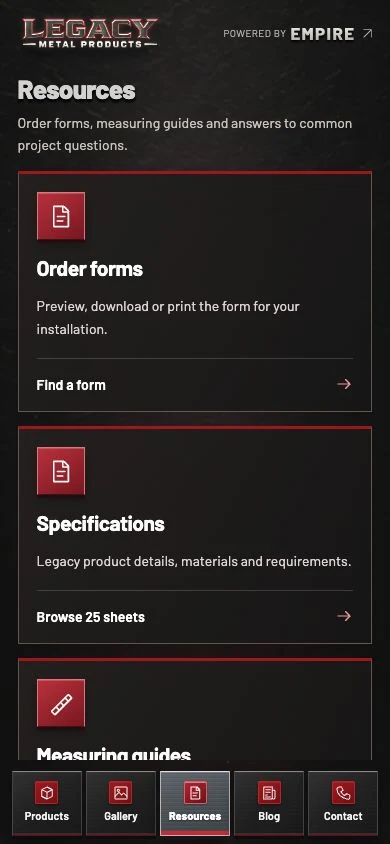 Legacy resources page on a phone, with readable cards and a fixed five-section navigation dock