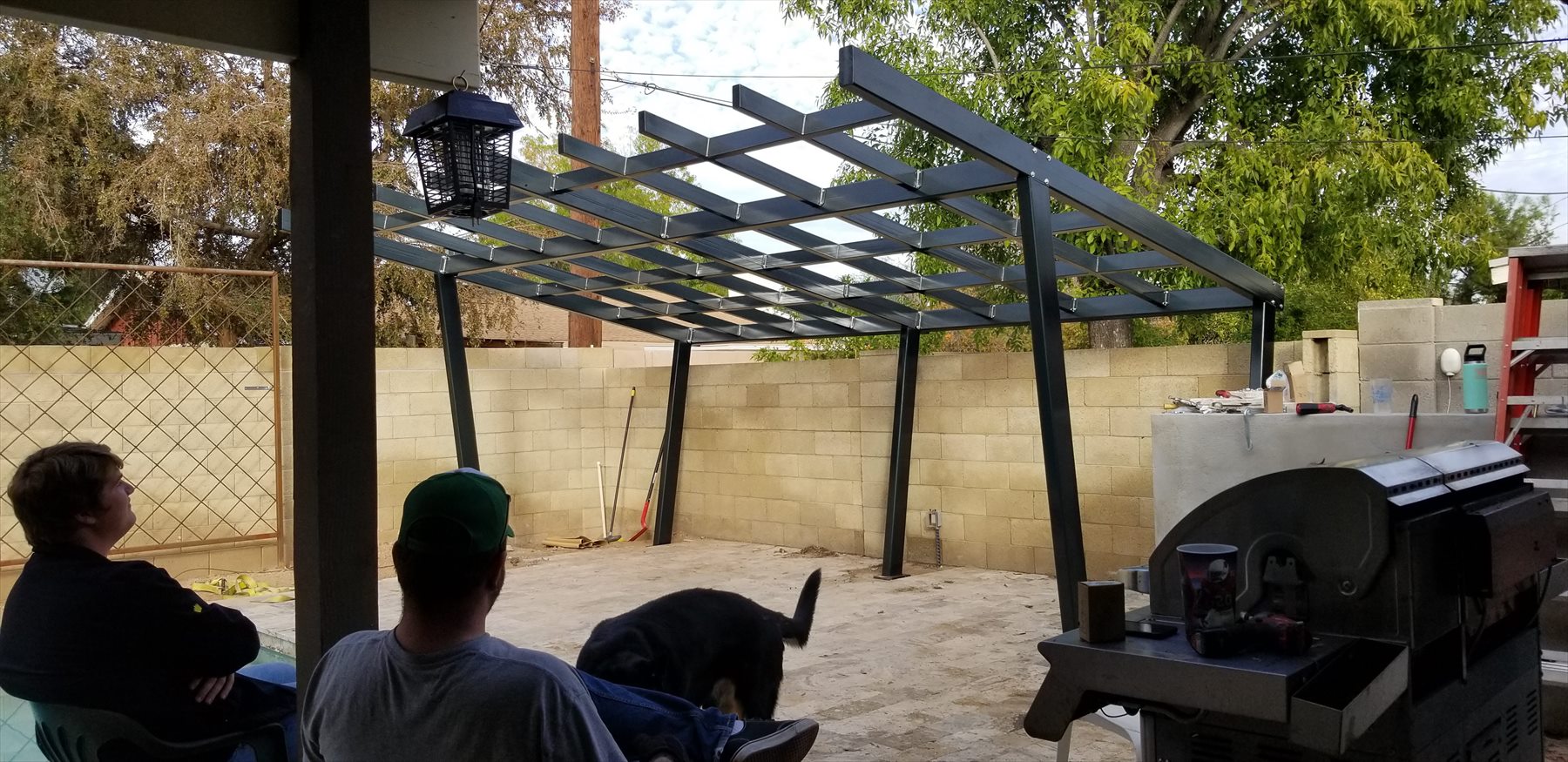 Completed custom steel backyard pergola